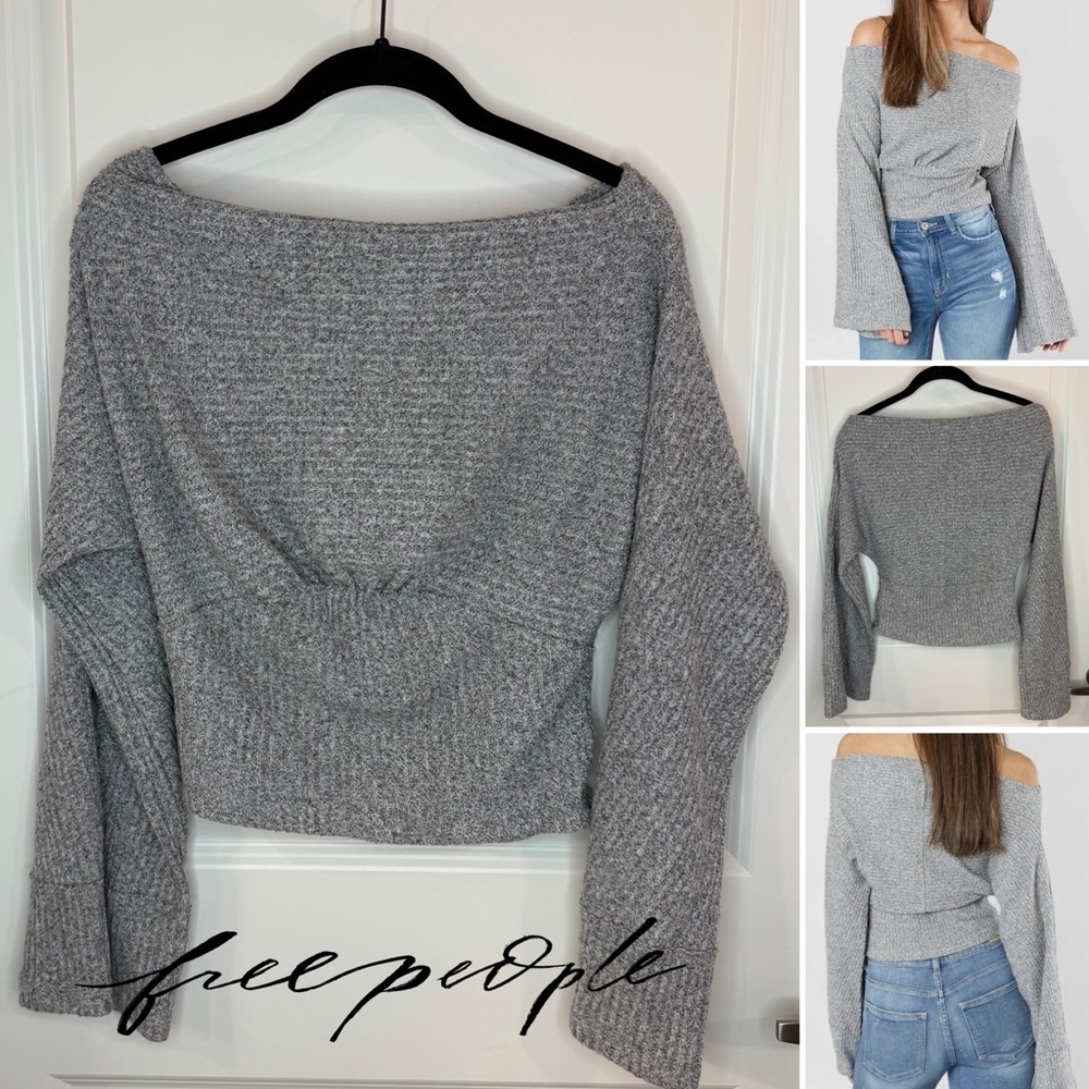Free People Crazy on You Gray OffShoulder Crop Bell-Sleeve Sweater Women’s Small